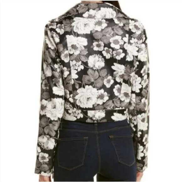 Sam Edelman Moto Jacket Floral Print Vegan Leather Gray Black White Size M 1823 - Picture 6 of 13